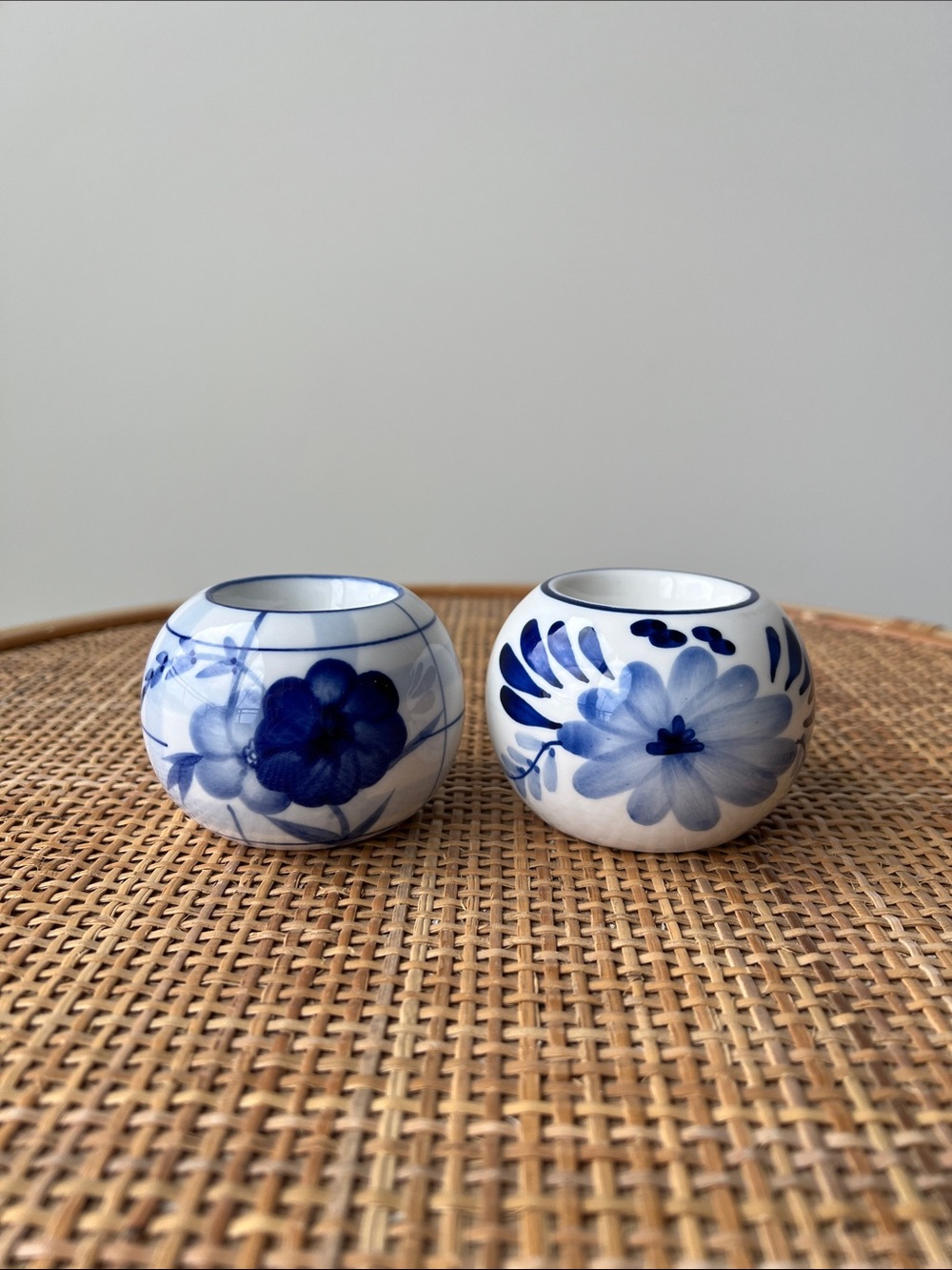 Blue & White Floral Ceramic Tea Light Candle Holders Pair Vintage